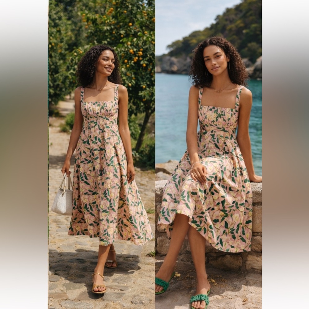 NWT Agua by Agua Bendita Hortencia Dos Gardenias Rosa Midi Dress Size L